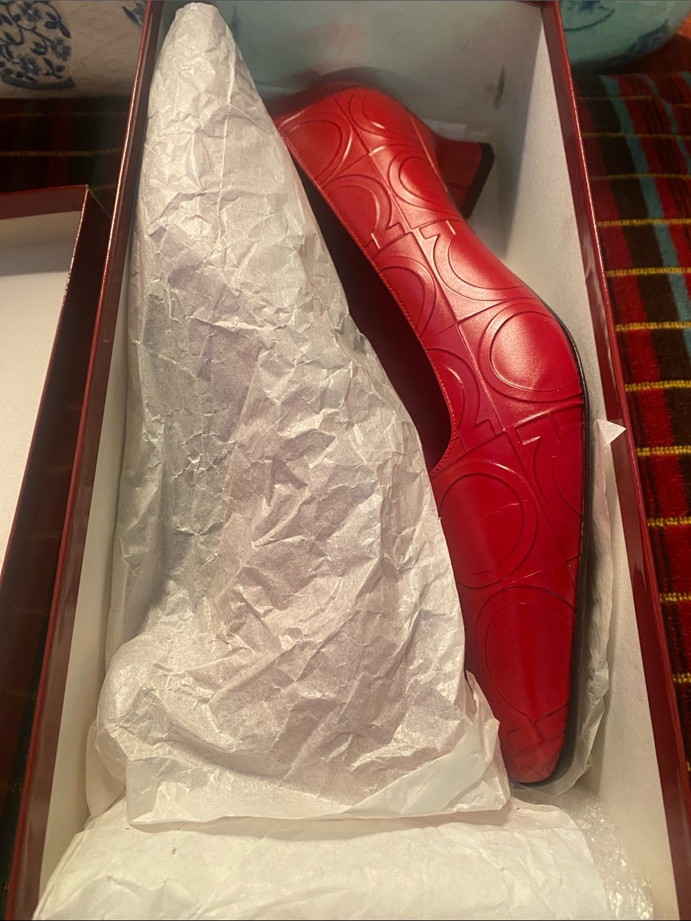 Vintage Salvatore Ferragamo Red Embossed Leather Pointed Mid Heel Pump